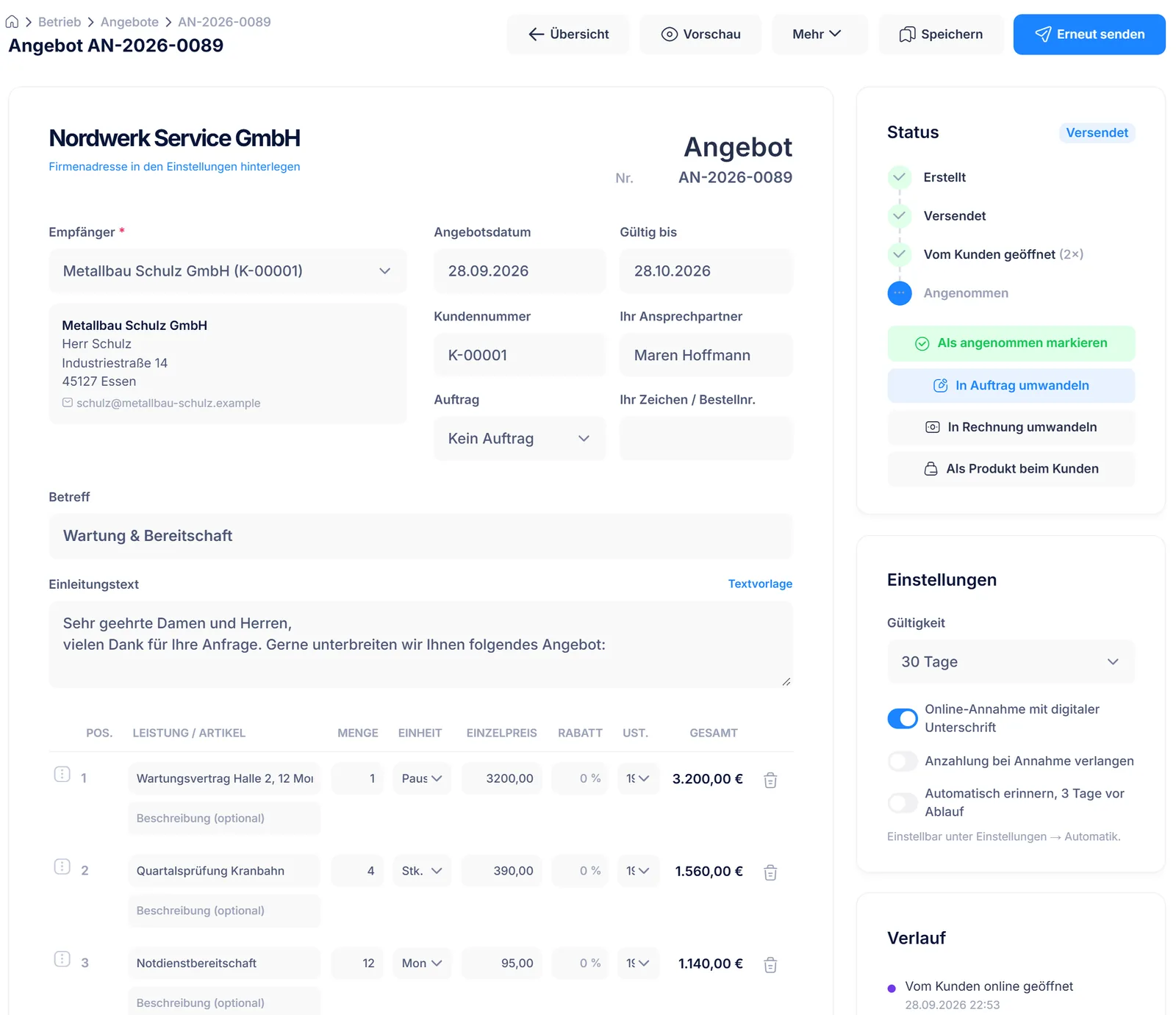 Angebots-Editor mit Positionen, Status und Einstellungen