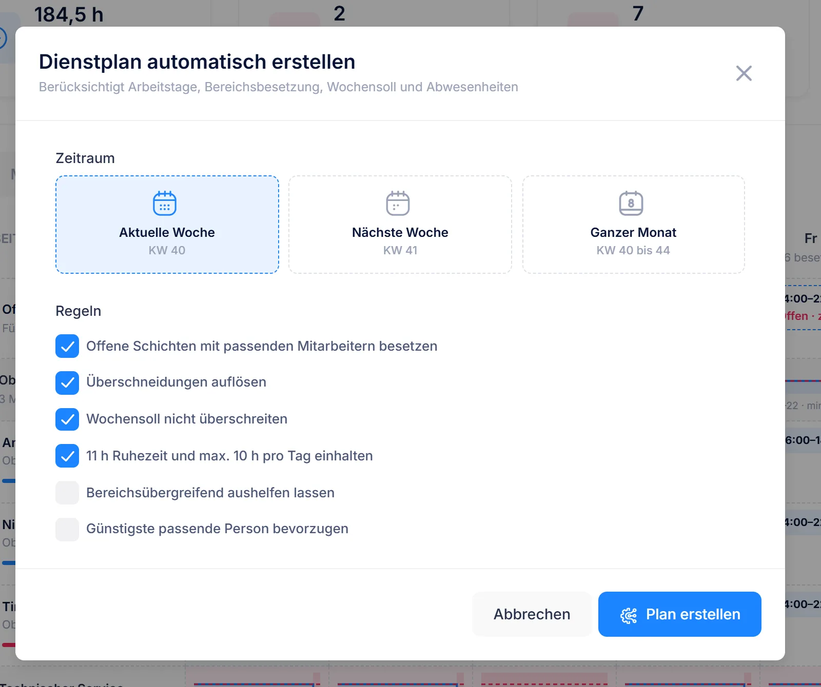 Dialog Dienstplan automatisch erstellen mit Zeitraum und Regeln