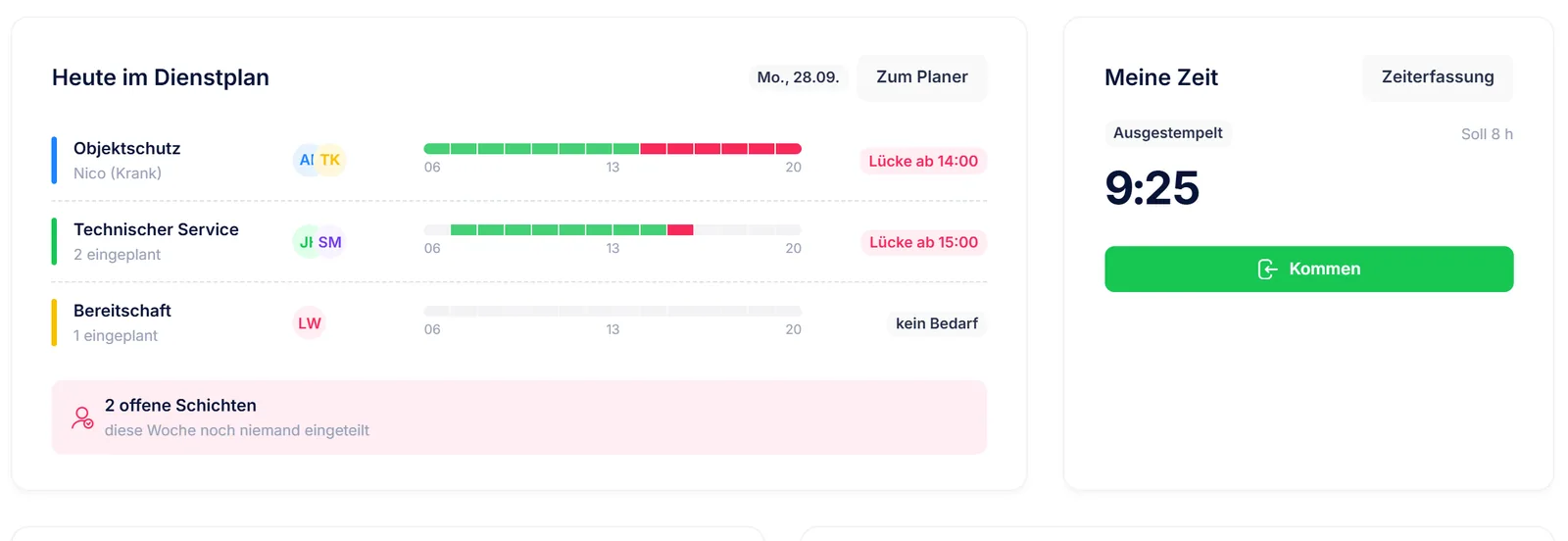 Widget Heute im Dienstplan auf der Startseite