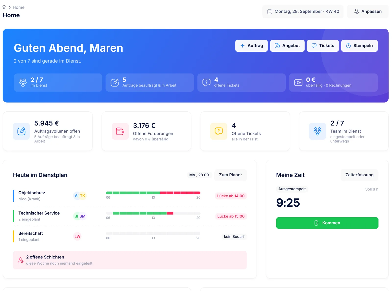 Startseite der Software mit Kennzahlen und Besetzung, gezeigt mit Beispieldaten